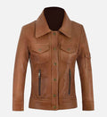 Women's Tan Leather Trucker Jacket