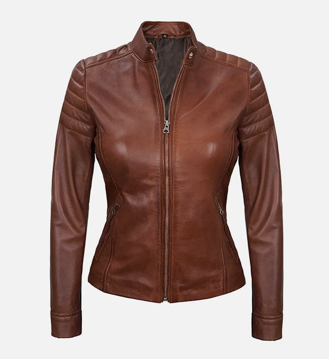 Women's Cafe Racer Brown Padded Leather Jacket