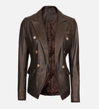 Women's Double-Breasted Rub Off Brown Leather Blazer