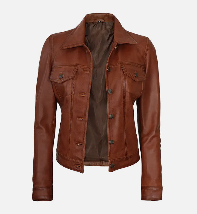 Women's Cognac Brown Trucker Leather Jacket