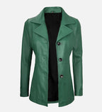 Women's Green  Leather Blazer with Three Button