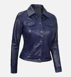 Women's Royal Blue Leather Trucker Jacket