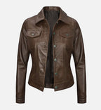 Women's Dark Brown Leather Trucker Jacket