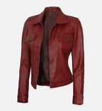 Women's Red Leather Trucker Jacket