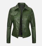 Women's Green Leather Trucker Jacket