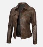 Women's Dark Brown Leather Trucker Jacket