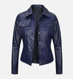 Women's Royal Blue Leather Trucker Jacket
