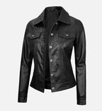 Women's Black Trucker Leather Jacket