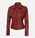 Women's Red Leather Trucker Jacket