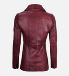 Women's Maroon Leather Blazer with Three Button