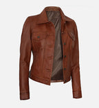 Women's Cognac Brown Trucker Leather Jacket