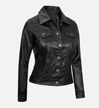 Women's Black Trucker Leather Jacket