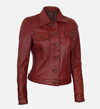 Women's Red Leather Trucker Jacket
