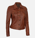 Women's Cognac Brown Trucker Leather Jacket