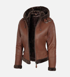 Women's Cognac Brown Leather Hooded Shearling Jacket