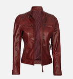 womens cafe racer maroon quilted leather jacket
