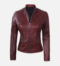womens maroon leather cafe racer jacket