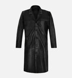 Men's Black Leather Long Trench Coat