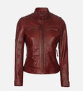 womens maroon quilted cafe racer leather jacket
