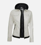 Women's Off White Leather Jacket With Hood