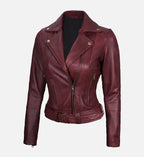 Women's Maroon Leather Asymmetrical Motorcycle Jacket