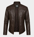Men's Quilted Shoulder Brown Leather Jacket