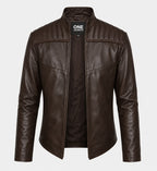 Men's Quilted Shoulder Brown Leather Jacket