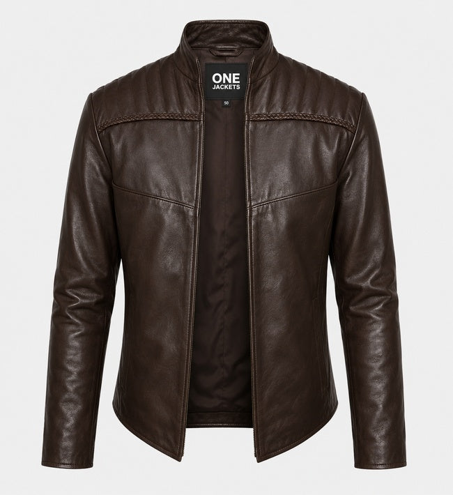 Men's Quilted Shoulder Brown Leather Jacket