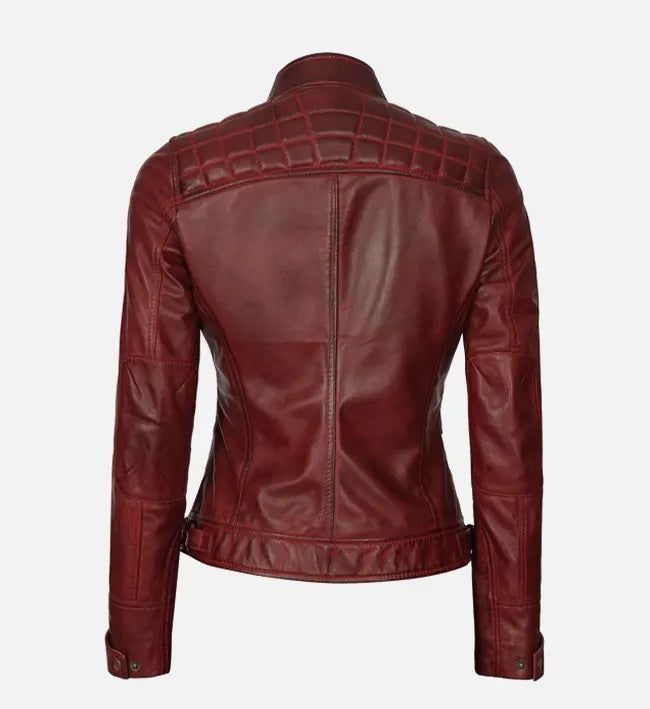 womens quilted maroon cafe racer leather jacket
