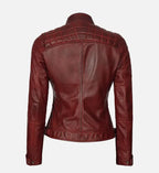 womens quilted maroon cafe racer leather jacket

