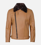 Men's Camel Brown Shearling Leather Moto Jacket