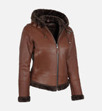 Women's Cognac Brown Leather Hooded Shearling Jacket