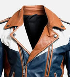 Men’s Navy Blue Brown Biker Belted Leather Jacket