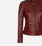 womens maroon leather quilted cafe racer jacket
