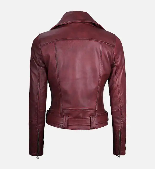 Women's Asymmetrical  Motorcycle Maroon Leather Jacket