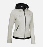 Women's Off White Leather Jacket With Hood