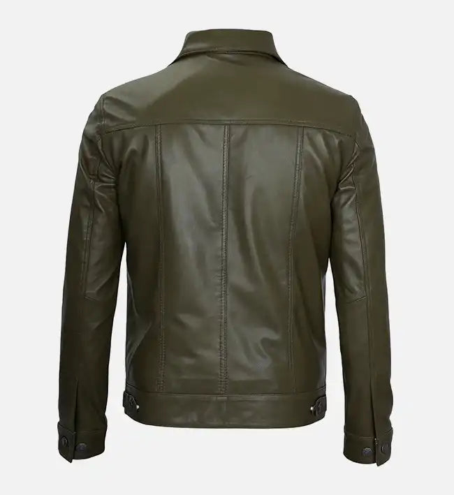 Mens Olive Green Real Leather Trucker Jacket
