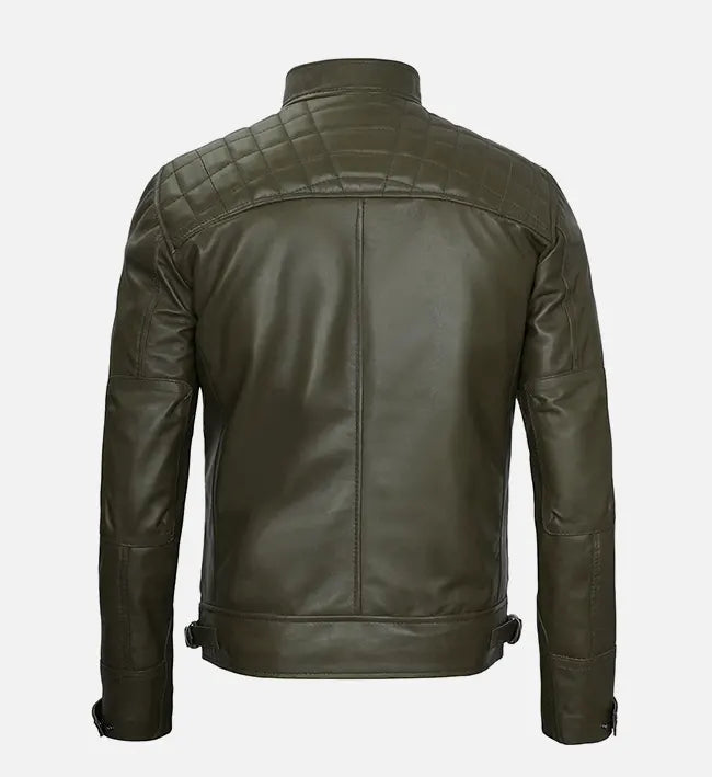 Mens Olive Green Leather Cafe Racer Jacket