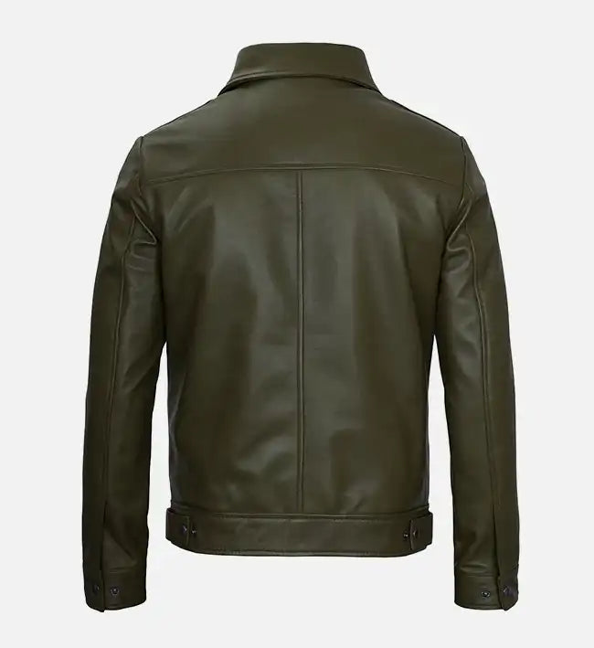 Men's Olive Green Real Leather Harrington Jacket
