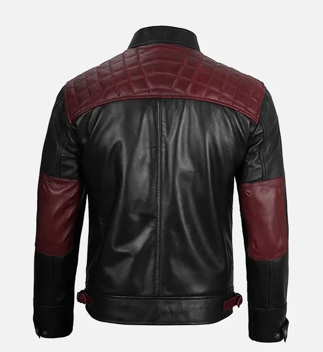 Men's Quilted Cafe Racer Black and Maroon Leather Jacket

