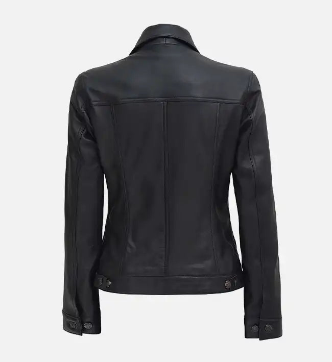 Women black trucker leather jacket
