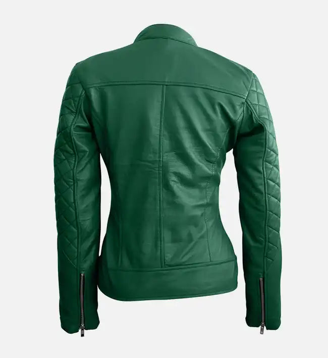 women stylish green quilted premium leather jacket
