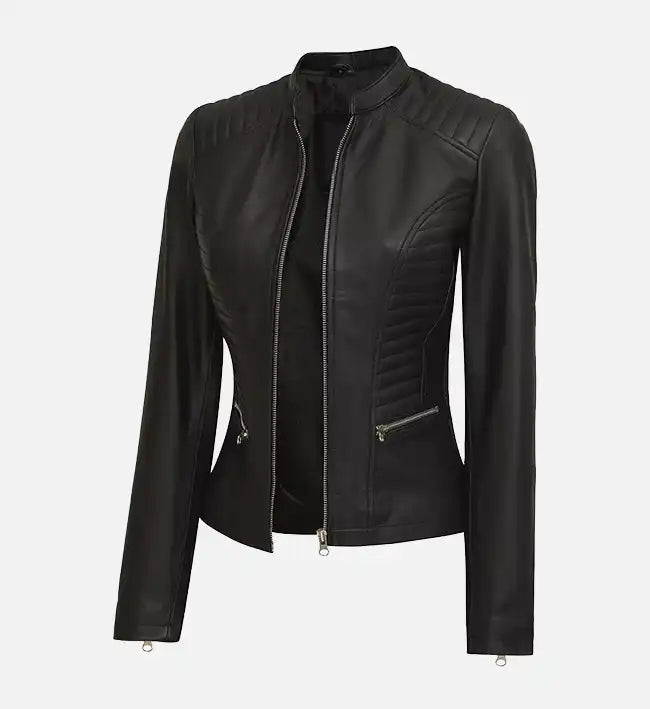 Womens leather cafe racer black jacket
