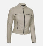 beige cafe racer leather jacket for womens
