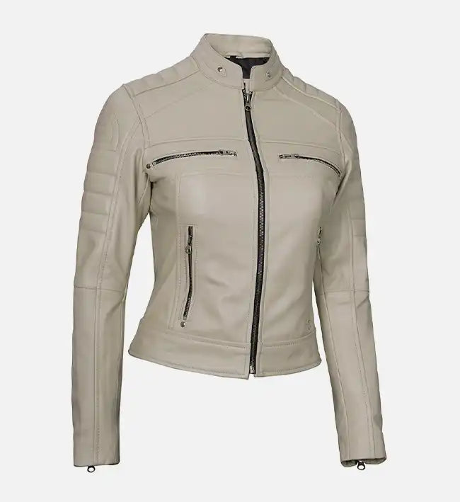 beige cafe racer leather jacket for womens

