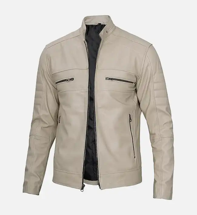 beige leather cafe racer jacket for men