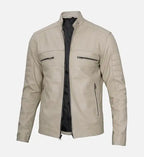 beige leather cafe racer jacket for men
