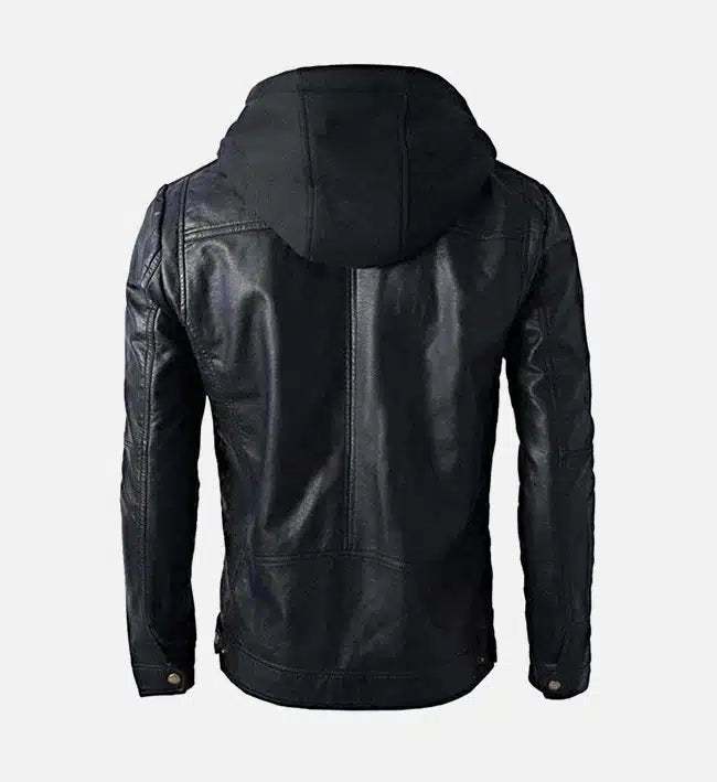 black biker leather jacket with detachable hoodie for men