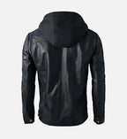 black biker leather jacket with detachable hoodie for men