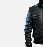 black blue bomber leather mens jacket